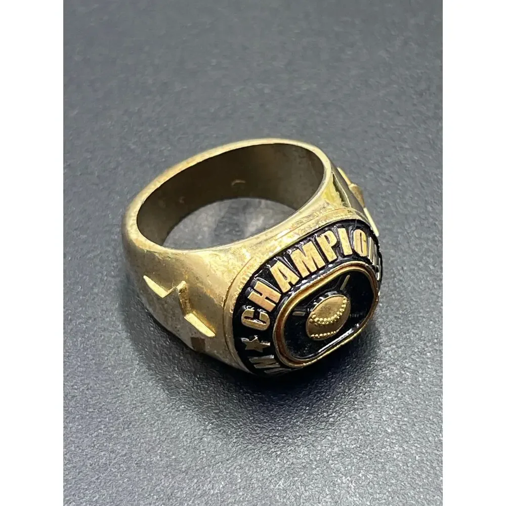 Gold Black Enamel Champions‎ Award Baseball Ring with 3D Design Sz 9 3/4